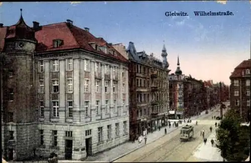 Ak Gliwice Gleiwitz Oberschlesien, Wilhelmstraße, Straßenbahn