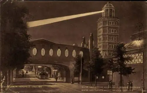 Ak Dresden, Internationale Hygieneausstellung 1911, Leuchtturm, Brücke