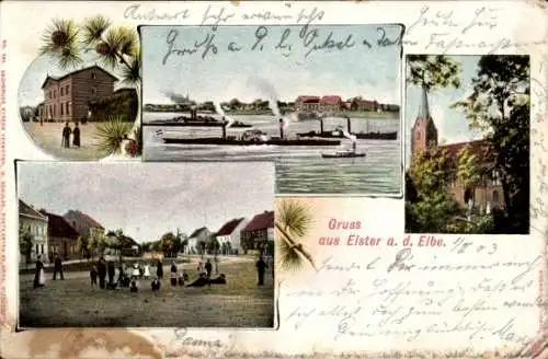 Ak Elster an der Elbe, Straßenpartie, Kirche, Dampfer