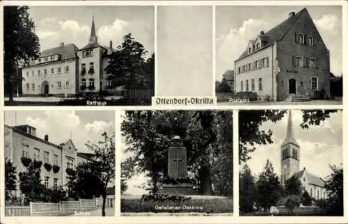 Ak Ottendorf Okrilla im Kr. Bautzen, Rathaus, Postamt, Schule, Gefallenendenkmal, Kirche