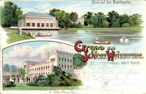 Litho Berlin Weißensee, Blick auf das Seetheater, Schloss Weißensee, Inh. Karl Koch