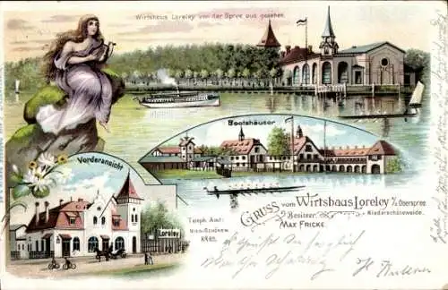 Litho Berlin Treptow Niederschöneweide, Wirtshaus Loreley, Bootshäuser, Spree