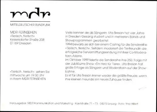 Ak Sängerin und Moderatorin Uta Bresan, Portrait, Tierisch tierisch, MDR, Hund
