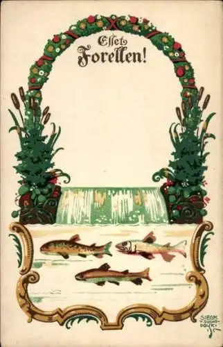 Künstler Ak Esset Forellen, Fische, Blumen, Teich