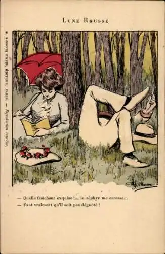 Künstler Ak Guillaume, A., Liebespaar mach Picknick, Frau liest ein Buch