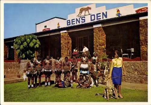 Ak Natal Südafrika, Restaurant Ben's Den, Zulu-Tänzer, Frau mit Gepard