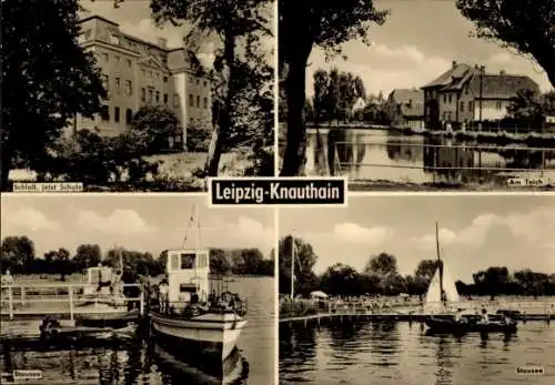 Ak Knauthain Leipzig, Schloss, Schule, Teich, Stausee, Boote