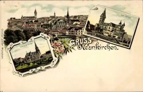 Litho Neunkirchen im Saarland, Gesamtansicht, Katholische Kirche