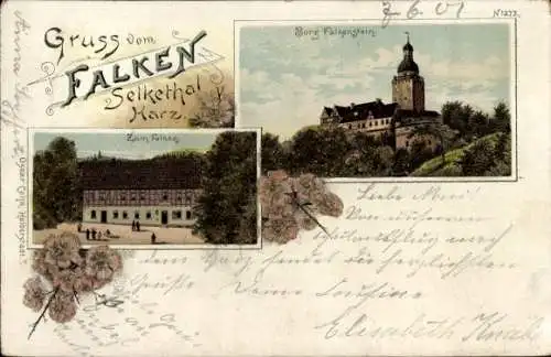 Litho Pansfelde Falkenstein im Harz, Gasthaus Zum Falken, Burg Falkenstein