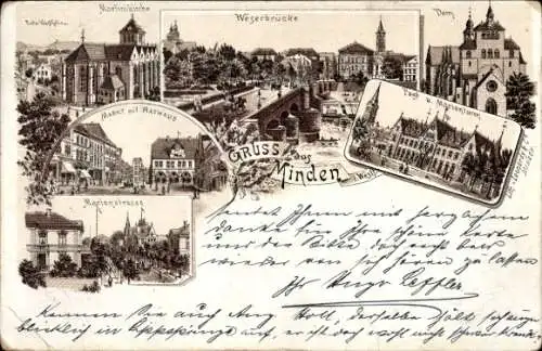 Litho Minden in Westfalen, Weserbrücke, Dom, Post, Markt, Rathaus