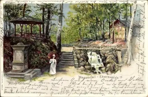 Litho Eberswalde im Kreis Barnim, Mücke-Denkmal, Wasserfall