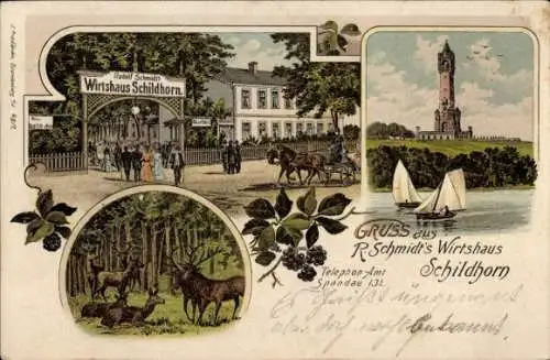 Litho Berlin Spandau, Telefonamt, Wirtshaus Schildhorn, Wildtiere