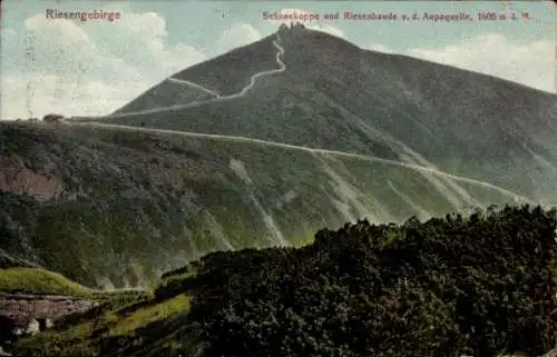 Ak Karpacz Krummhübel Riesengebirge Schlesien, Schneekoppe und Riesenbaude