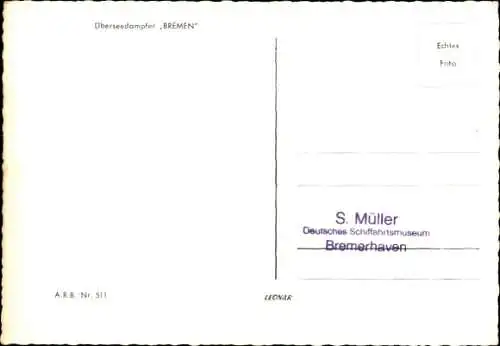 Ak Dampfer Bremen, Norddeutscher Lloyd Bremen NDL, Überseedampfer