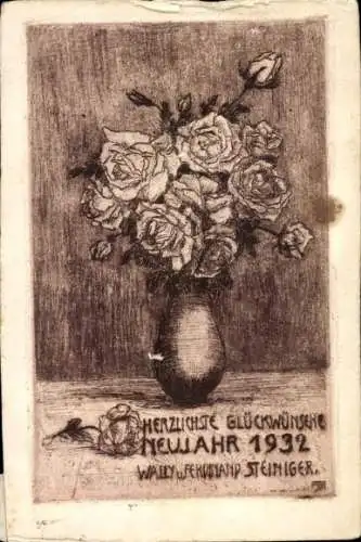 Künstler Ak Glückwunsch Neujahr 1932, Rosen in der Blumenvase