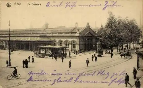 Ak Gent Ostflandern, De Zuidstatie, Blick auf den Bahnhof, Straßenseite