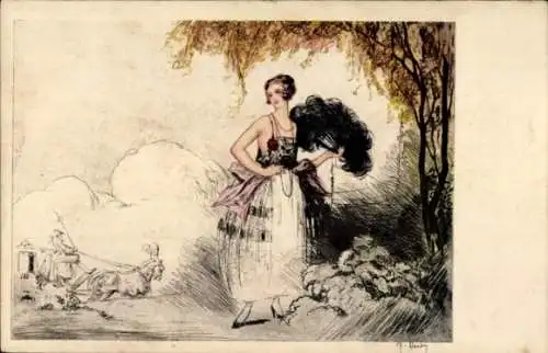 Künstler Ak Hardy, Jean, Art Deco, Frau mit Fächer