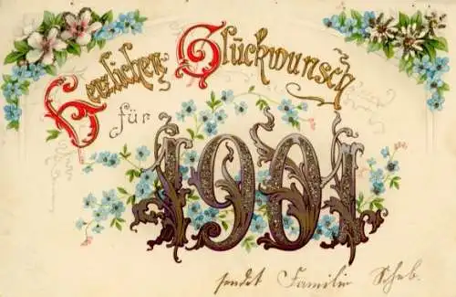 Präge Litho Glückwunsch Neujahr 1901, Blumen, Margeriten, Vergissmeinnicht