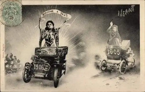 Ak Glückwunsch Neujahr 1906, Neues Jahr im Automobil