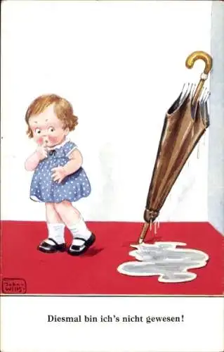 Künstler Ak Wills, John, tropfender Regenschirm, Pfütze, Mädchen