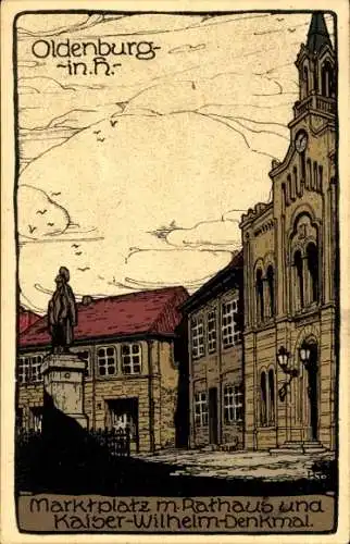 Steindruck Ak Oldenburg in Holstein, Marktplatz, Rathaus, Kaiser-Wilhelm-Denkmal
