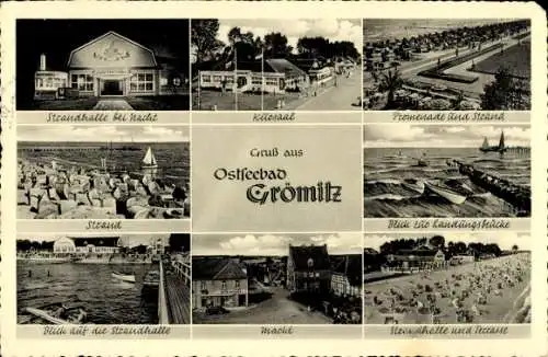 Ak Ostseebad Grömitz in Holstein, Strandhalle bei Nacht, Kursaal, Promenade, Strand, Markt