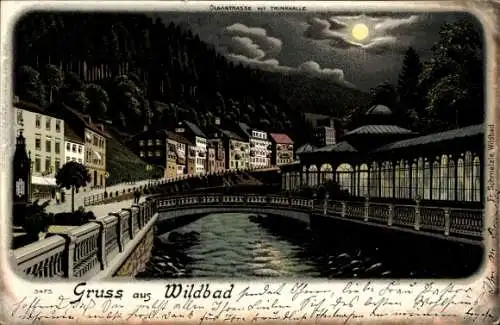 Mondschein Litho Bad Wildbad im Schwarzwald, Olgastraße, Trinkhalle