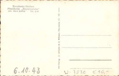 Ak Pforzheim im Schwarzwald, Brauhaus-Stuben, Bayernstube, Gastraum
