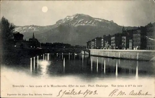 Ak Grenoble Isère, Les quais, le Moucherotte, effet de nuit