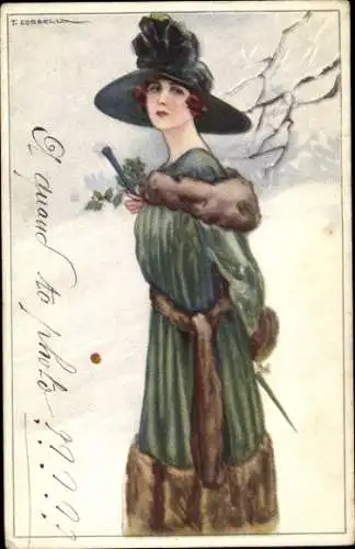 Künstler Ak Corbella, T., Frau in Winterkleidung