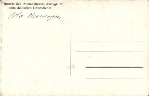 Ak Oslo Norwegen, Missionshaus Akersgt. 72, Deutscher Gottesdienst