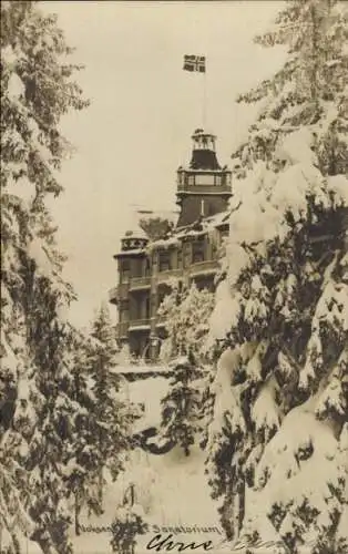 Ak Norwegen, Sanatorium, Wald, Verschneite Bäume