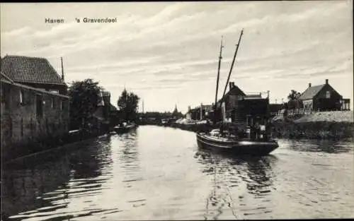 Ak 's Gravendeel Südholland, Hafen, Häuser