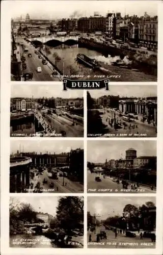 Ak Dublin Irland, Four Courts, Fluss Liffey, O'Connel Bridge, Bank of Ireland, College