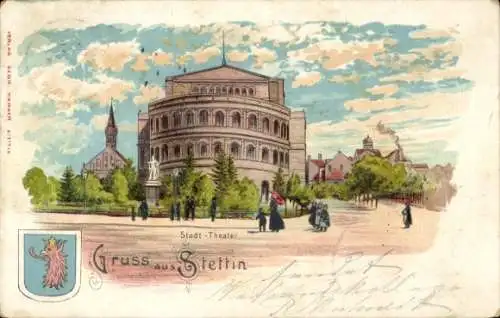 Litho Szczecin Stettin Pommern, Stadttheater, Wappen