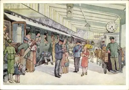 Künstler Ak Ferienfreuden, Reisende auf einem Bahnhof, Eisenbahn