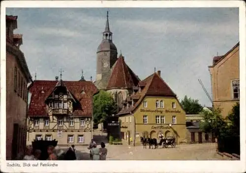 Ak Rochlitz an der Mulde, Blick auf Petrikirche, Weinstube Emil Fischer, Kutsche