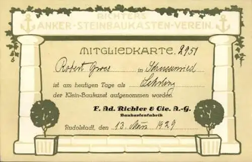 Ak Rudolstadt in Thüringen, Richters Anker-Steinbaukasten-Verein, Mitgliedkarte 2951 Robert Gros