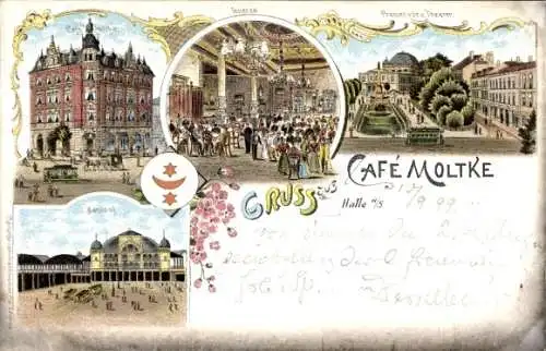 Litho Halle an der Saale, Cafe Moltke, Innenansicht, Bahnhof, Promenade, Theater