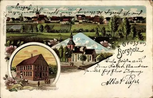 Litho Borgholz Borgentreich Kreis Höxter, Gasthaus, Kirche, Totalansicht