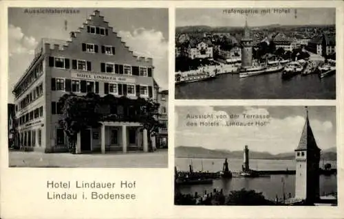 Ak Lindau am Bodensee, Hotel Lindauer Hof, Bes. J. J. Stoffel Beckmann, Hafen, Aussicht v. Terrasse