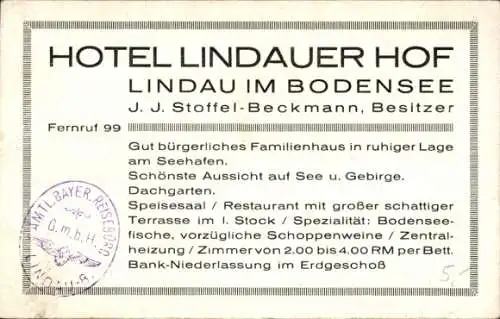 Ak Lindau am Bodensee, Hotel Lindauer Hof, Bes. J. J. Stoffel Beckmann, Hafen, Aussicht v. Terrasse