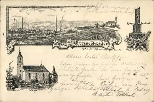 Litho Großröhrsdorf in Sachsen, Kirche, Kriegerdenkmal