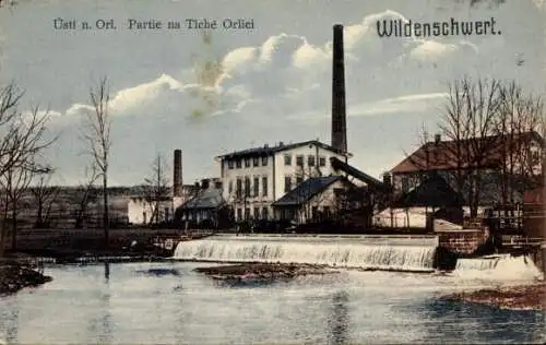 Ak Ústí nad Orlicí Wildenschwert Region Pardubice, Wehr, Schornstein, Fabrik