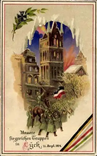 Halt gegen das Licht Ak Ełk Lyck Masuren Ostpreußen, Einzug der deutschen Truppen, I WK