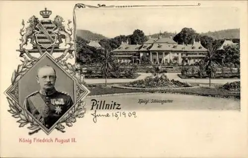 Ak Dresden Nordost Pillnitz, König Friedrich August III, Königlicher Schlossgarten