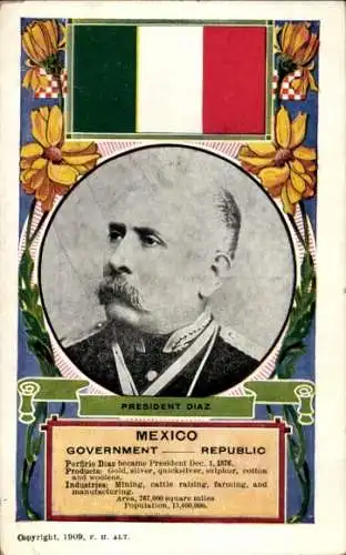 Wappen Passepartout Ak Mexiko, Präsident Porfirio Diaz, Portrait