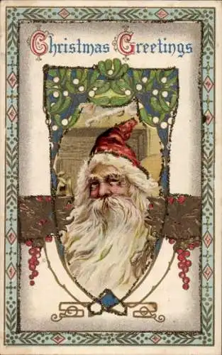 Glitzer Litho Glückwunsch Weihnachten, Weihnachtsmann, Misteln