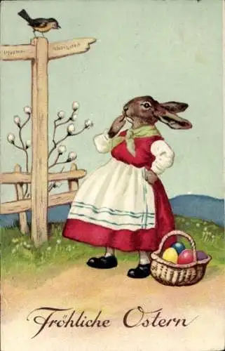 Ak Glückwunsch Ostern, Vermenschlichte Häsin an einem Wegweiser