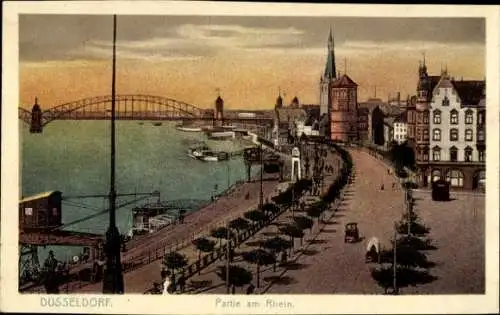 Ak Düsseldorf am Rhein, Rheinpromenade, Brücke